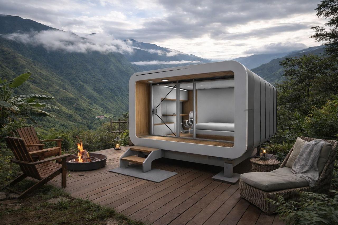 Cápsula glamping ECCO SPACE en una terraza con vista a las montañas