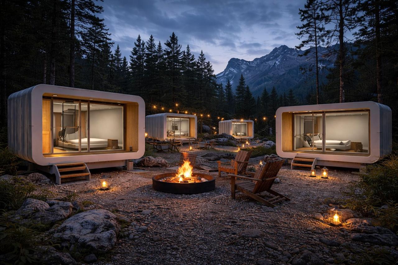 Concepto de cápsulas glamping en un bosque al anochecer